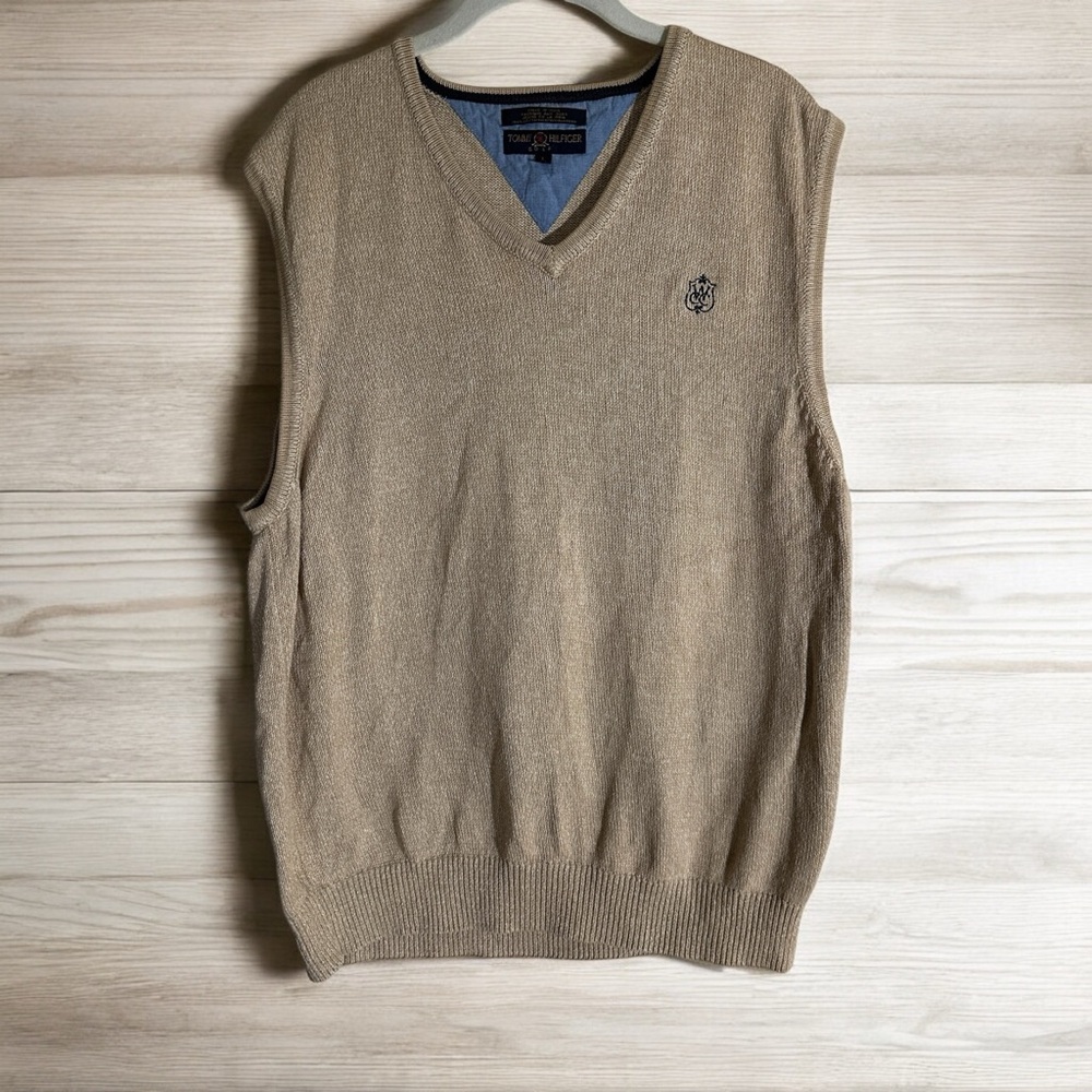 Tommy Hilfiger Golf Sweater Vest Tan L Mens‎ V-Neck Cotton Knit Classic